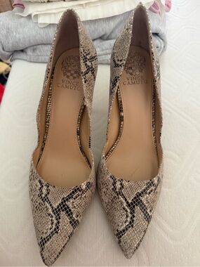 Vince Camuto Women's Snake-Print Pointed Toe Pumps in Taupe